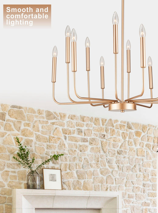12-Light Modern Gold Farmhouse Iron Chandelier, Adjustable Height E12 Bulb, Classic Candle Hanging Pendant Light For Living Room Dining Room - DTYStore