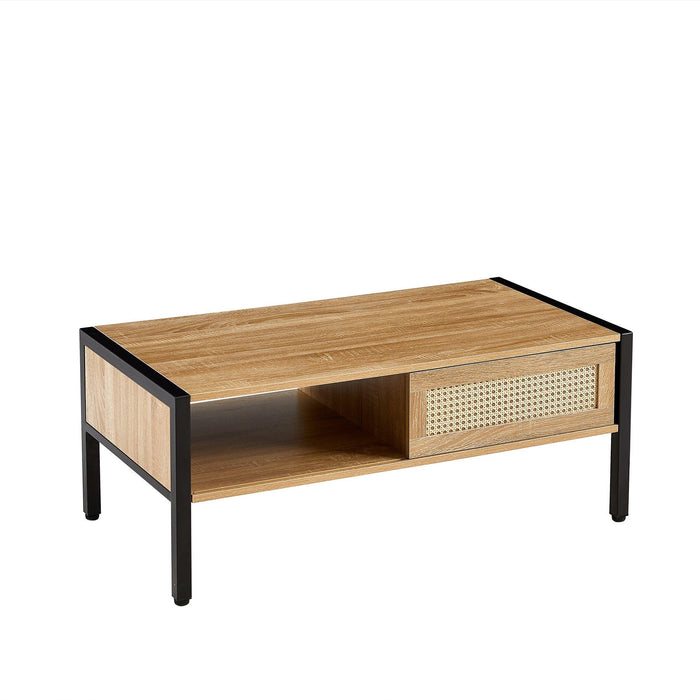 40.16" Rattan Coffee table, sliding door for storage, metal legs, Modern table for living room , natural - DTYStore