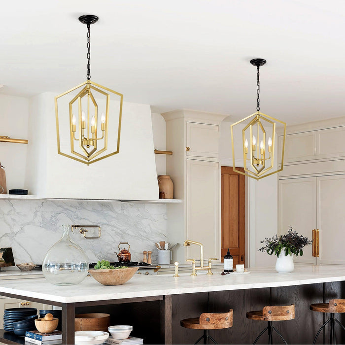 4-Light Farmhouse Kitchen Chandeliers, Vintage Cage Light Fixture Adjustable Height Chandeliers for Dining Room Hallway Foyer Entryway(E12 Bulbs Not Included)--GOLD+MATTE BLACK - DTYStore