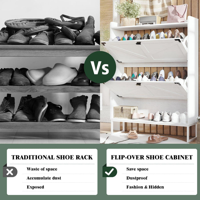 Shoe Cabinet with 2 Flip Drawers,Shoe Storage Cabinet for Entryway,Freestanding Shoe Cabinet Organizer with Open Storage,Narrow Farmhouse Shoe Rack with Metal Corner Decoration Legs,White - DTYStore
