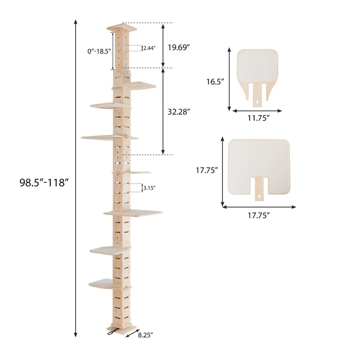 9' Adjustable Height Floor-to-Ceiling Cat Tree, Multi-Level Cat Vertical Cat Condo, Cat Climbing Frame Activity Center with Perching Shelves for Indoor Cats, Natural Default -DTYStore