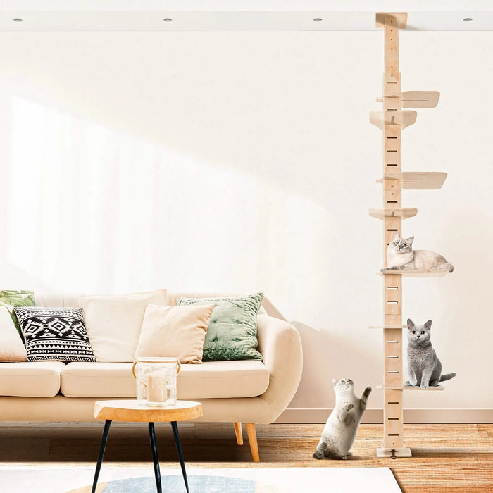 9' Adjustable Height Floor-to-Ceiling Cat Tree, Multi-Level Cat Vertical Cat Condo, Cat Climbing Frame Activity Center with Perching Shelves for Indoor Cats, Natural Default -DTYStore