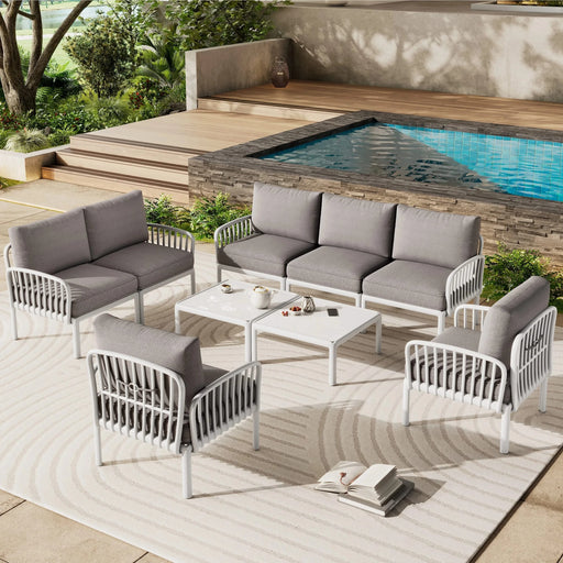 9 Piece Patio Conversation Sets, Modern Outdoor Patio Sectional Furniture Set with Two Square Coffee Table, Waterproof Thick Cushion Deep Seating for Porch, Balcony, White & Light Gray Default -DTYStore
