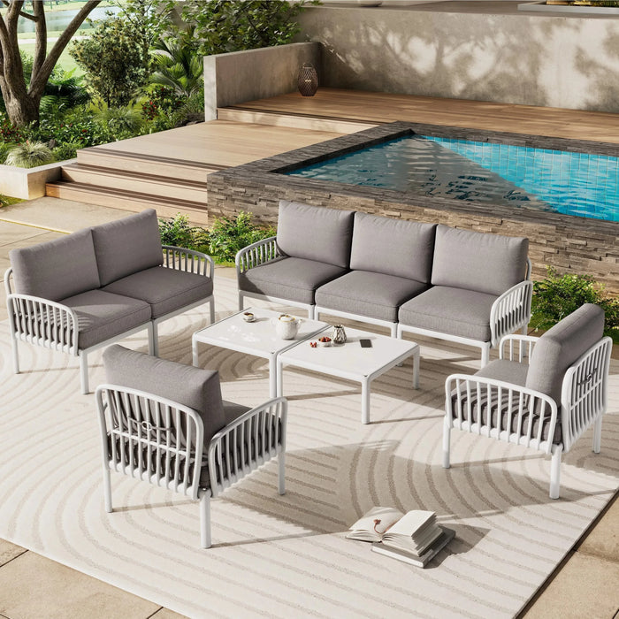 9 Piece Patio Conversation Sets, Modern Outdoor Patio Sectional Furniture Set with Two Square Coffee Table, Waterproof Thick Cushion Deep Seating for Porch, Balcony, White & Light Gray Default -DTYStore
