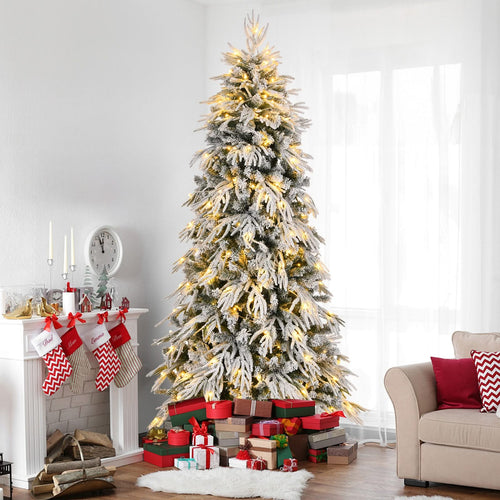 7ft Slim Flocked Christmas Tree Pre-lit w/ 767 Premium PE&PVC Tips, 250Warm White LED Lights, Skinny Noble Artificial Christmas Tree Easy Assembly for Home, Corner, Narrow Place - Image 1