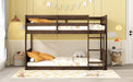 Twin over Twin Floor Bunk Bed with Panelled Headboard and Footboard, Solid Rubber Wood Foundation with Safety Guardrails, Built-in ladder,Antique Oak - DTYStore