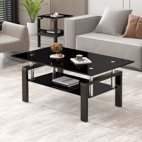 Modern Tempered Black Glass Coffee Table with 2-Layers and Waterfall Edges for Living Room - Image 8