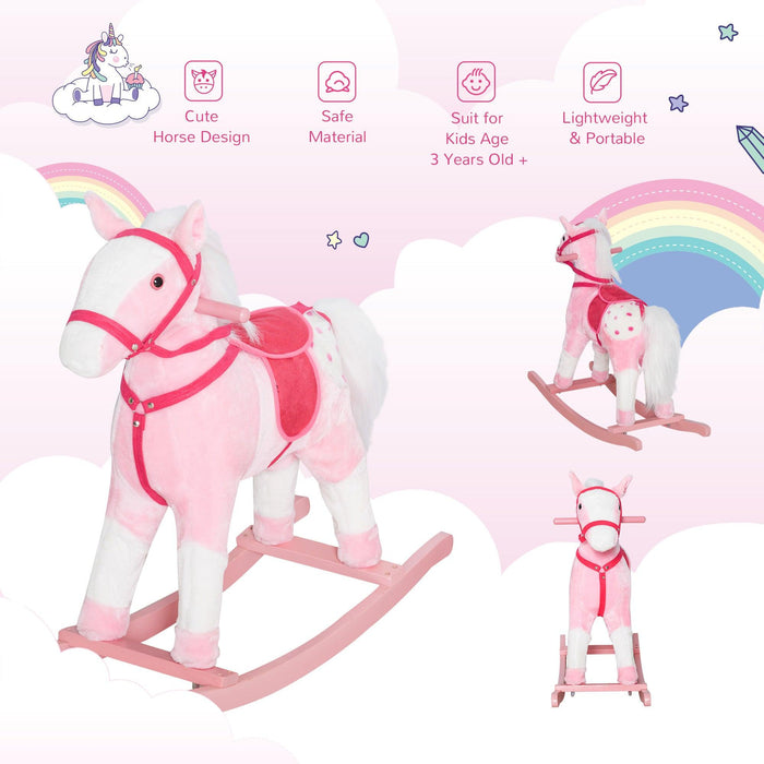 Kids Plush Toy Rocking Horse Pony Toddler Ride on Animal for Girls Pink Birthday Gifts with Realistic Sounds, Pink - DTYStore