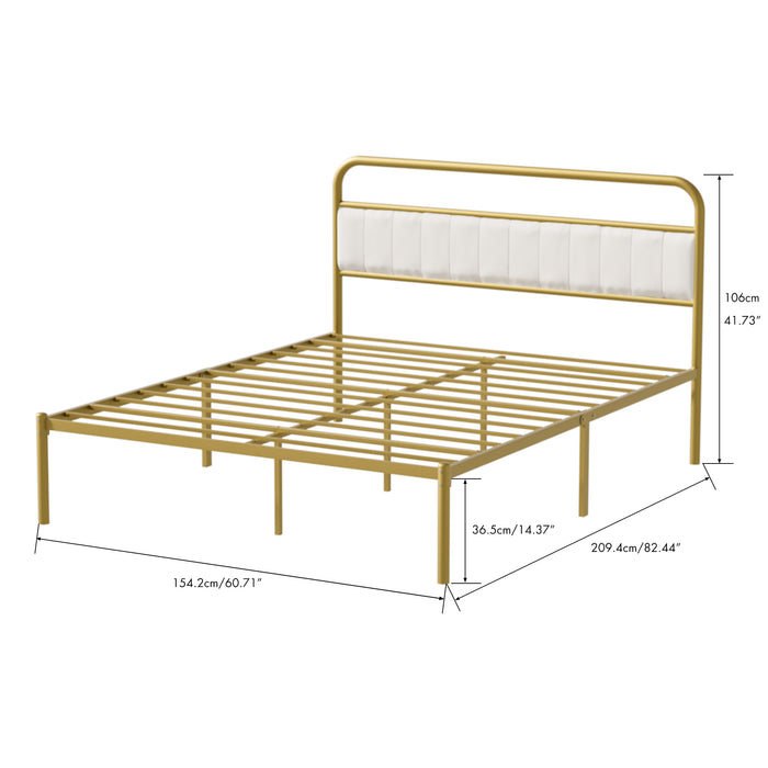 Metal Steel Platform Bed Frame with Upholstered Headboard cushion (Queen Size) - Gold