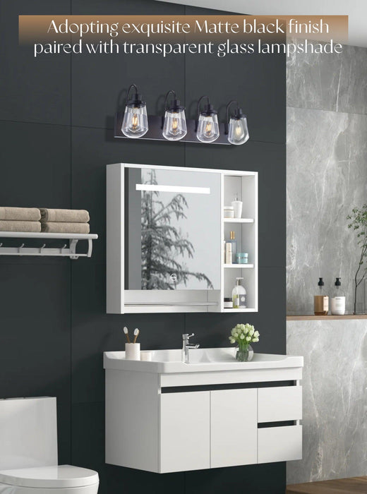 Indoor Modern Bedroom Wall Lamp In Matte Black, Iron Clear Glass Shade,4-Lights E26 Bulb Bathroom Vanity Light