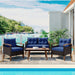 GO 4-Piece Garden Furniture, Patio Seating Set, PE Rattan Outdoor Sofa Set, Wood Table and Legs, Brown and Blue - DTYStore