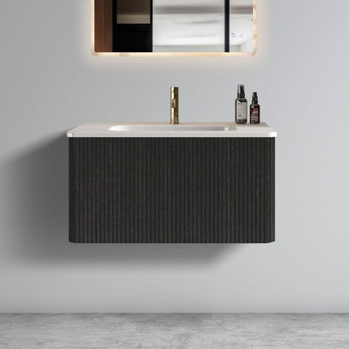 U057-Etna30W-308 Etna 30' Striped Brushed Black Oak Floating Bathroom Vanity with White Ceramic Sink, Bathroom Vanity for Modern Bathroom, One-Piece White Basin without Drain, Pre-assembled - Image 1