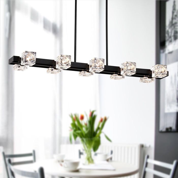 Rectangle Chandelier for Dining Room, 8-Light Black Farmhouse Linear Pendant Light Fixture, Modern Crystal Hanging Lighting Chandelier for Lobby, Kitchen, Bedroom, Living Room, Conference Room, Home