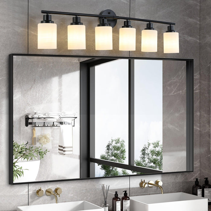 Modern 6-Light Vanity Bathroom Mirror Light, Frosted White Glass with Black Iron Frame, Contemporary Wall Sconce for Bedroom, Bathroom, And Dressing Room (No Bulbs)