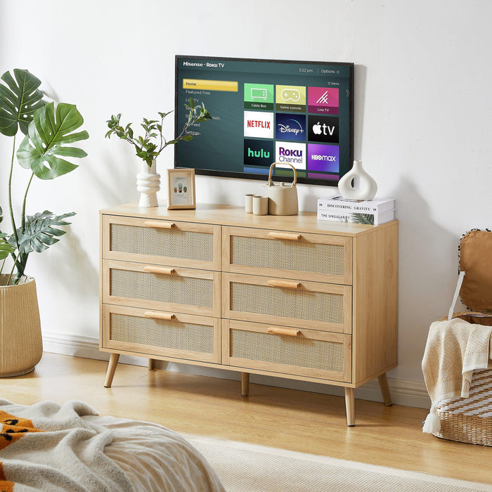 Bedroom dresser, 6 Double Dresser with rattan drawers, wood chest of drawers for kids room, living room, entry and hallway, Natural, 47.2'' W x 15.8'' D x 30'' H. - DTYStore