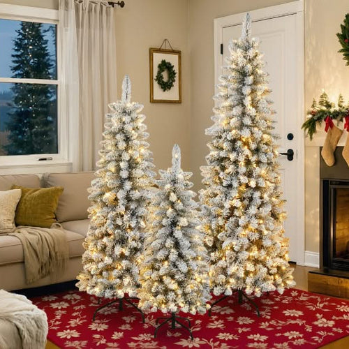 3 Pcs Flocked Artificial Christmas Tree Set with Lights, 4ft 5ft 6ft Christmas Snow Tree Set, Christmas Decor - Image 24