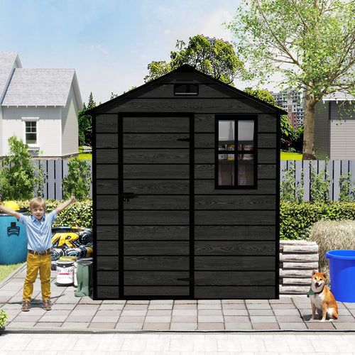 Campcraft 6*6ft resin storage shed, high quality pp material, strong structure, waterproof, rust and UV proof, large storage space, 12mm thick pp board, HD window lighting Black wood grain color - Image 7