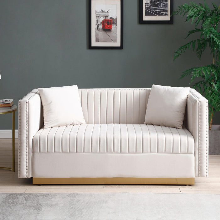 Contemporary Vertical Channel Tufted Velvet Sofa Loveseat Modern Upholstered 2 Seater Couch for Living Room Apartment with 2 pillows,Beige