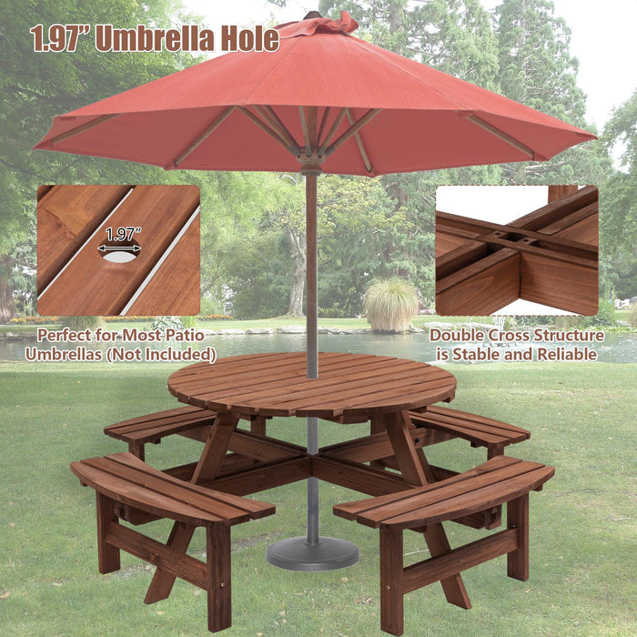 8 Person Wooden Picnic Table, Outdoor Camping Dining Table with Seat, Garden, DIY w/ 4 Built-in Benches, 2220lb Capacity - DTYStore