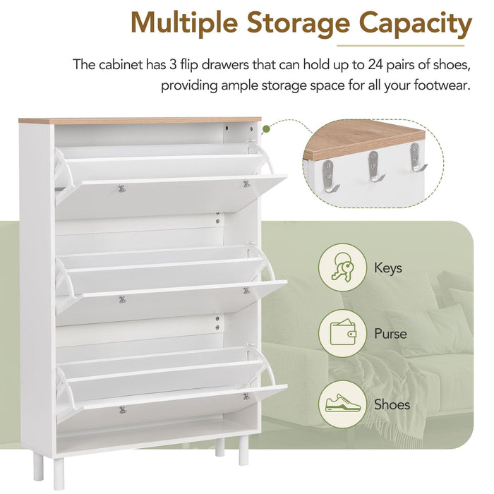 Narrow Design Tipping Bucket Shoe Cabinet with 3 Flip Drawers, Wood Grain Pattern Top Entryway Organizer with 3 Hooks, Free Standing Shoe Rack with Adjustable Panel for Hallway, White - DTYStore