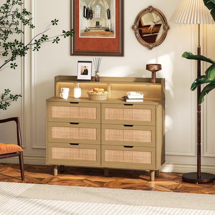 43.31"6-Drawers Rattan Storage Cabinet Rattan Drawer with LED Lights and Power Outlet,for Bedroom,Living Room,Natural - DTYStore