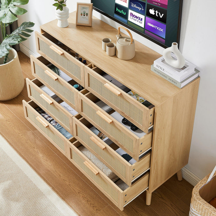 Bedroom dresser, 8 Double Dresser with rattan drawers, wood chest of drawers for kids room, living room, entry and hallway, Natural, 47.2''W x 15.8''D x 37.4''H. - DTYStore