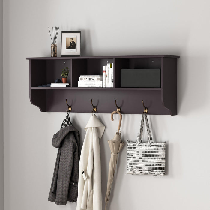Espresso Entryway Wall Mounted Coat Rack with 4 Dual Hooks Living Room Wooden Storage Shelf - DTYStore