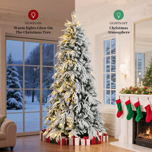 7ft Slim Flocked Christmas Tree Pre-lit w/ 767 Premium PE&PVC Tips, 250Warm White LED Lights, Skinny Noble Artificial Christmas Tree Easy Assembly for Home, Corner, Narrow Place - Image 3