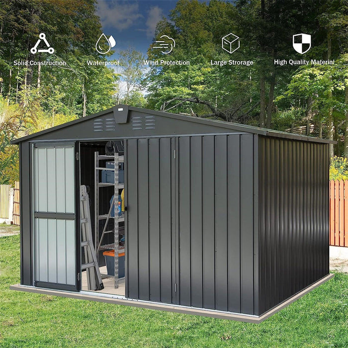 Outdoor Storage Shed 10'x 8', Metal Garden Shed for Bike, Trash Can, Tools, Galvanized Steel Outdoor Storage Cabinet with Lockable Door for Backyard, Patio, Lawn (10x8ft, Black) - DTYStore