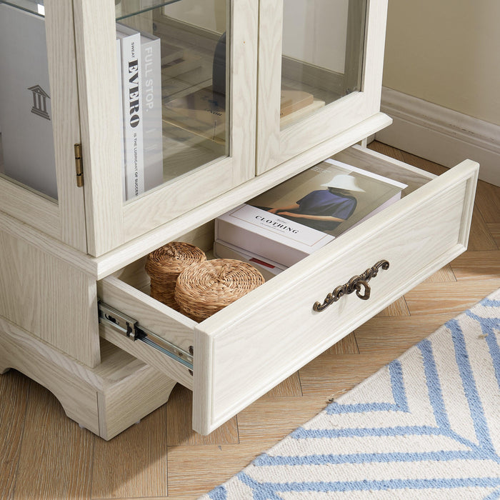 Glass Cabinet Lighted Glass Cabinet Curio Display Cabinet with Adjustable Glass Shelves 2 Doors and 1 drawer Cabinet Bulb Included White - DTYStore