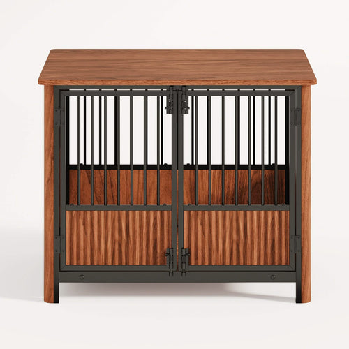 31.5'' Walnut Fluted Wood Furniture Style Dog Crate for small & Medium Dogs - Double Door Design, Decorative Pet House & Indoor Side End Table. - Image 9