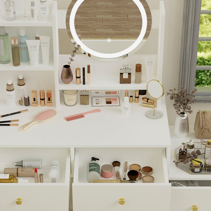 Fashion Vanity Desk with Mirror and Lights for Makeup and Cushioned Chair, Vanity Mirror with Lights and Table Set with 3 Color Lighting Brightness Adjustable,Dressing table, White Color - DTYStore