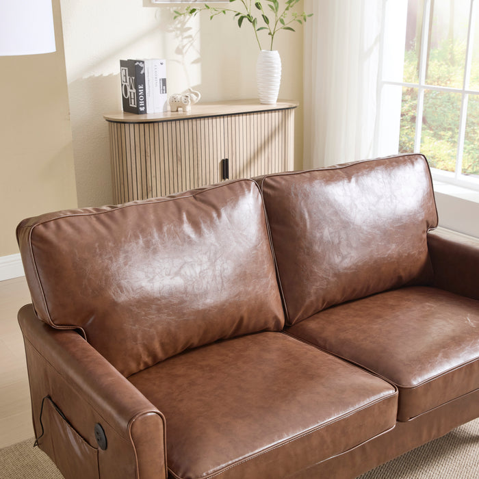 COOLMORE Loveseat Sofa, Mid Century Modern Love Seat, 2 Seater Sofa Couches for Living Room, Small Couch with USB & Removable Pillow Cover, Comfy Couch for Bedroom, Apartment (Brown PU)