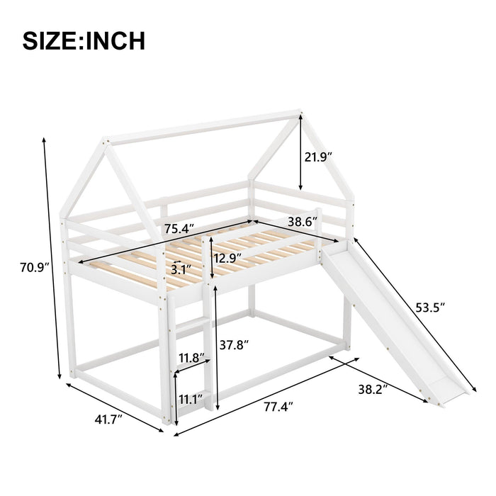 Twin Size Bunk House Bed with Slide and Ladder,White - DTYStore