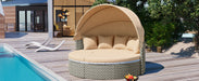Patio Furniture Round Outdoor Sectional Sofa Set Rattan Daybed Two-Tone Weave Sunbed with Retractable Canopy, Separate Seating and Removable Cushion, Light Coffee - DTYStore