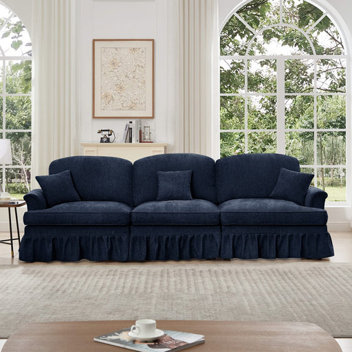 Elegant Mid Century Large 3 Seater Sofa Couch with Flared Arms and Removable Ruffles Pleats Skirts and Spindle Legs, Comfy Chenille Three-Seat Sofa for Living Room, Blue
