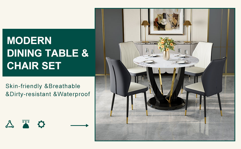 Table and chair set.A 42 Inch Diameter Round Tempered Glass Pandora marble patterned Dining Table - V-Shaped MDF Legs.Paired With 4 White and dark gray spliced PU Chairs.