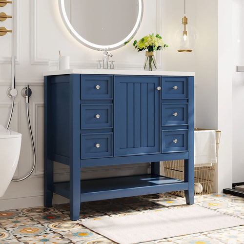 36' Bathroom Vanity with Sink, One Cabinet and Three Drawers, Solid Wood and MDF Board, Blue (Old Sku:SY999505AAC-6) - Image 3