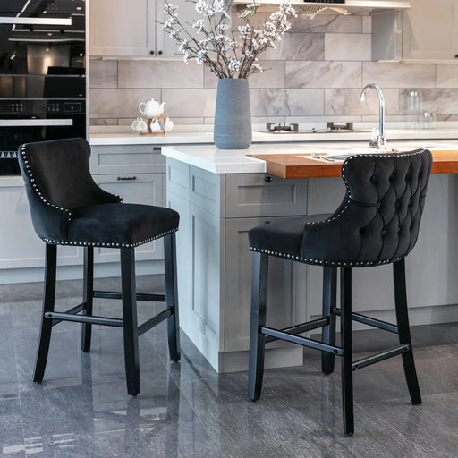 A&A Furniture,Contemporary Velvet Upholstered Wing-Back Barstools with Button Tufted Decoration and Wooden Legs, and Chrome Nailhead Trim, Leisure Style Bar Chairs,Bar stools,Set of 2 (Black),SW1824BK Default -DTYStore