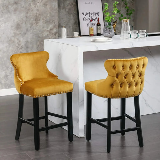 A&A Furniture,Contemporary Velvet Upholstered Wing-Back Barstools with Button Tufted Decoration and Wooden Legs, and Chrome Nailhead Trim, Leisure Style Bar Chairs,Bar stools,Set of 2 (Gold),SW1824GL Default -DTYStore