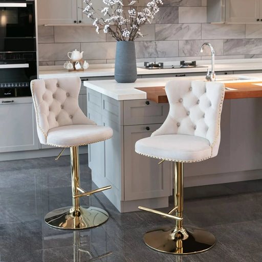 A&A Furniture,Golden Swivel Velvet Barstools Adjusatble Seat Height from 25-33 Inch,Modern Upholstered Bar Stools with Backs Comfortable Tufted for Home Pub and Kitchen Island,Beige,Set of 2 Default -DTYStore