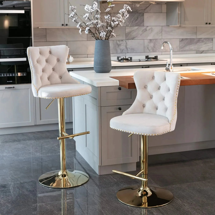 A&A Furniture,Golden Swivel Velvet Barstools Adjusatble Seat Height from 25-33 Inch,Modern Upholstered Bar Stools with Backs Comfortable Tufted for Home Pub and Kitchen Island,Beige,Set of 2 Default -DTYStore