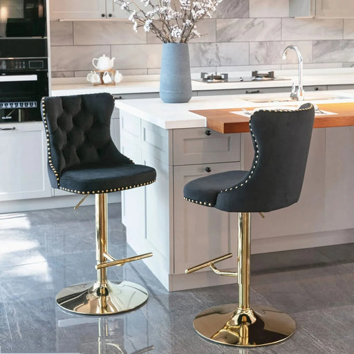 A&A Furniture,Golden Swivel Velvet Barstools Adjusatble Seat Height from 25-33 Inch, Modern Upholstered Bar Stools with Backs Comfortable Tufted for Home Pub and Kitchen Island（Black,Set of 2） Default -DTYStore