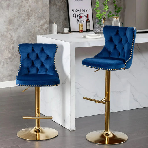 A&A Furniture,Golden Swivel Velvet Barstools Adjusatble Seat Height from 25-33 Inch, Modern Upholstered Bar Stools with Backs Comfortable Tufted for Home Pub and Kitchen Island,Blue,Set of 2 Default -DTYStore