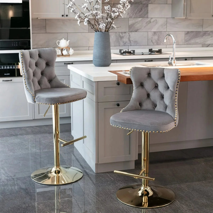 A&A Furniture,Golden Swivel Velvet Barstools Adjusatble Seat Height from 25-33 Inch, Modern Upholstered Bar Stools with Backs Comfortable Tufted for Home Pub and Kitchen Island（Gray,Set of 2） Default -DTYStore