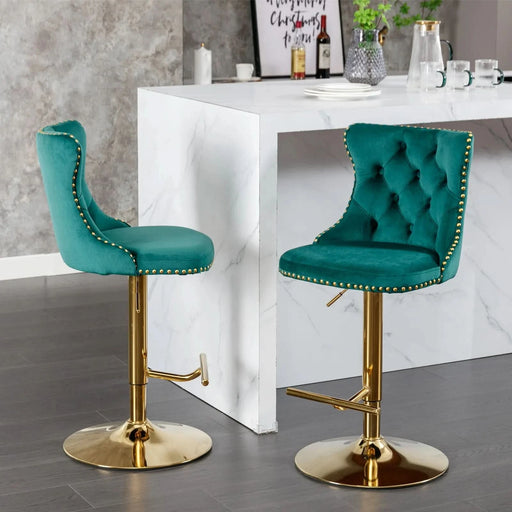 A&A Furniture,Golden Swivel Velvet Barstools Adjusatble Seat Height from 25-33 Inch, Modern Upholstered Bar Stools with Backs Comfortable Tufted for Home Pub and Kitchen Island（Green,Set of 2） Default -DTYStore