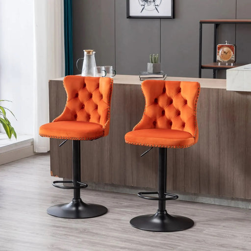 A&A Furniture,Swivel Velvet Barstools Adjusatble Seat Height from 25-33 Inch,17.7inch base, Modern Upholstered Bar Stools with Backs Comfortable Tufted for Home Pub and Kitchen Island,Orange,Set of 2 Default -DTYStore