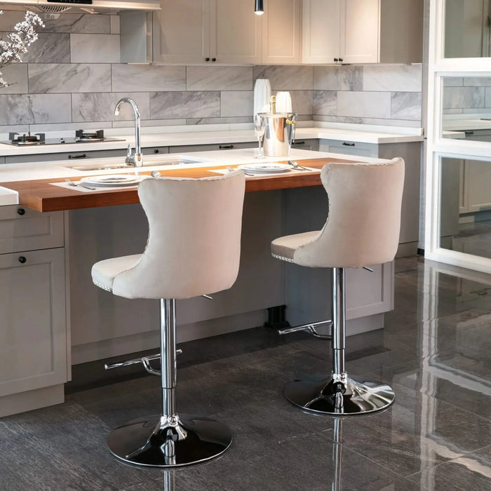A&A Furniture,Swivel Velvet Barstools Adjusatble Seat Height from 25-33 Inch, Modern Upholstered Chrome base Bar Stools with Backs Comfortable Tufted for Home Pub and Kitchen Island（Khaki,Set of 2） Default -DTYStore