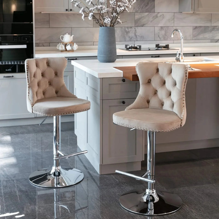 A&A Furniture,Swivel Velvet Barstools Adjusatble Seat Height from 25-33 Inch, Modern Upholstered Chrome base Bar Stools with Backs Comfortable Tufted for Home Pub and Kitchen Island（Khaki,Set of 2） Default -DTYStore