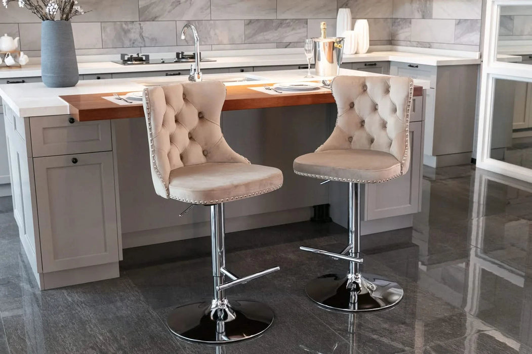 A&A Furniture,Swivel Velvet Barstools Adjusatble Seat Height from 25-33 Inch, Modern Upholstered Chrome base Bar Stools with Backs Comfortable Tufted for Home Pub and Kitchen Island（Khaki,Set of 2） Default -DTYStore